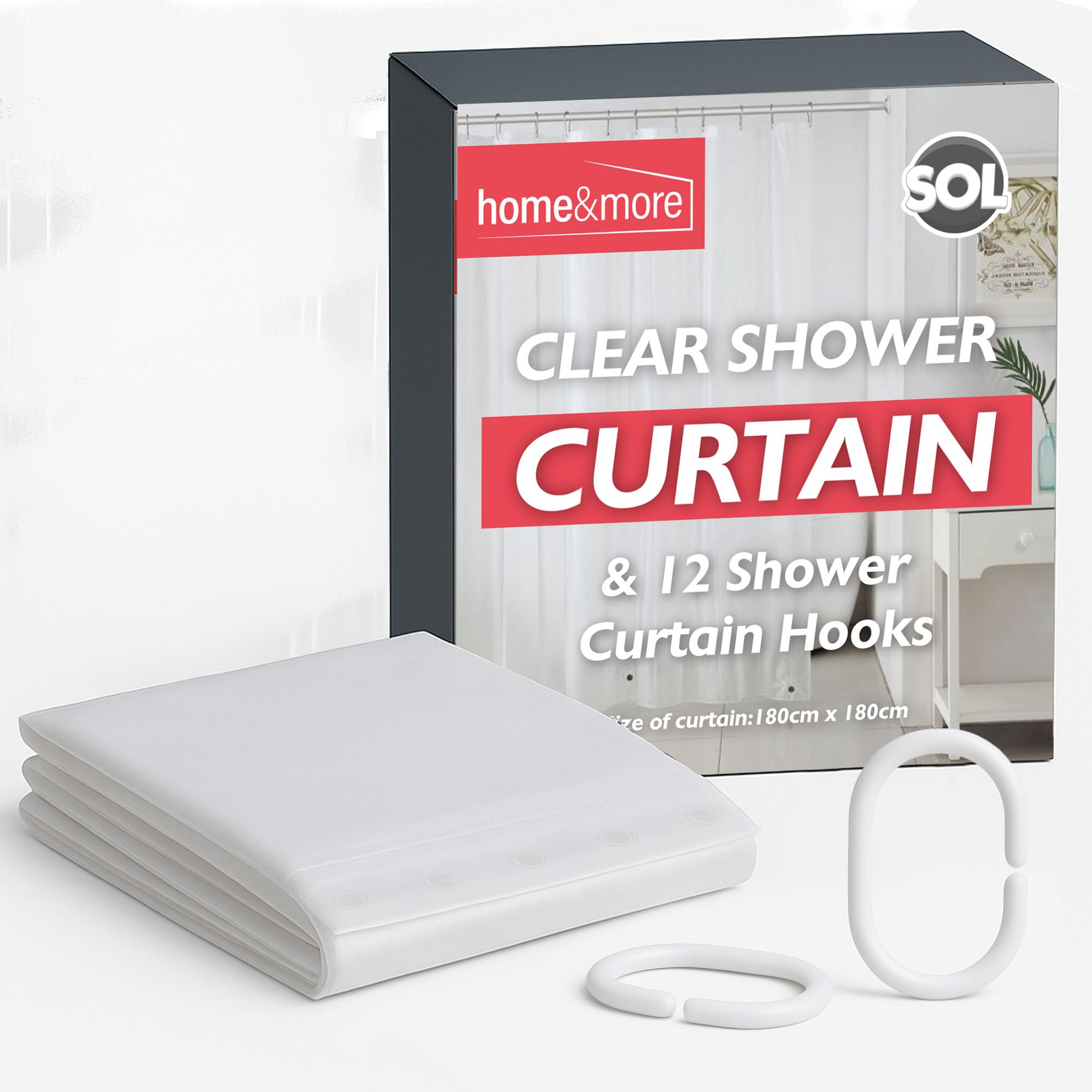 SOL 1pk Clear Shower Curtain for Bathroom with 12pc Hooks, 180cm x 180cm, Plastic Bath Cover Liner, Rust-Proof Grommets, Anti-Mould, Stain-Resistant, Waterproof, Easy to Install, Keeps Floors Dry