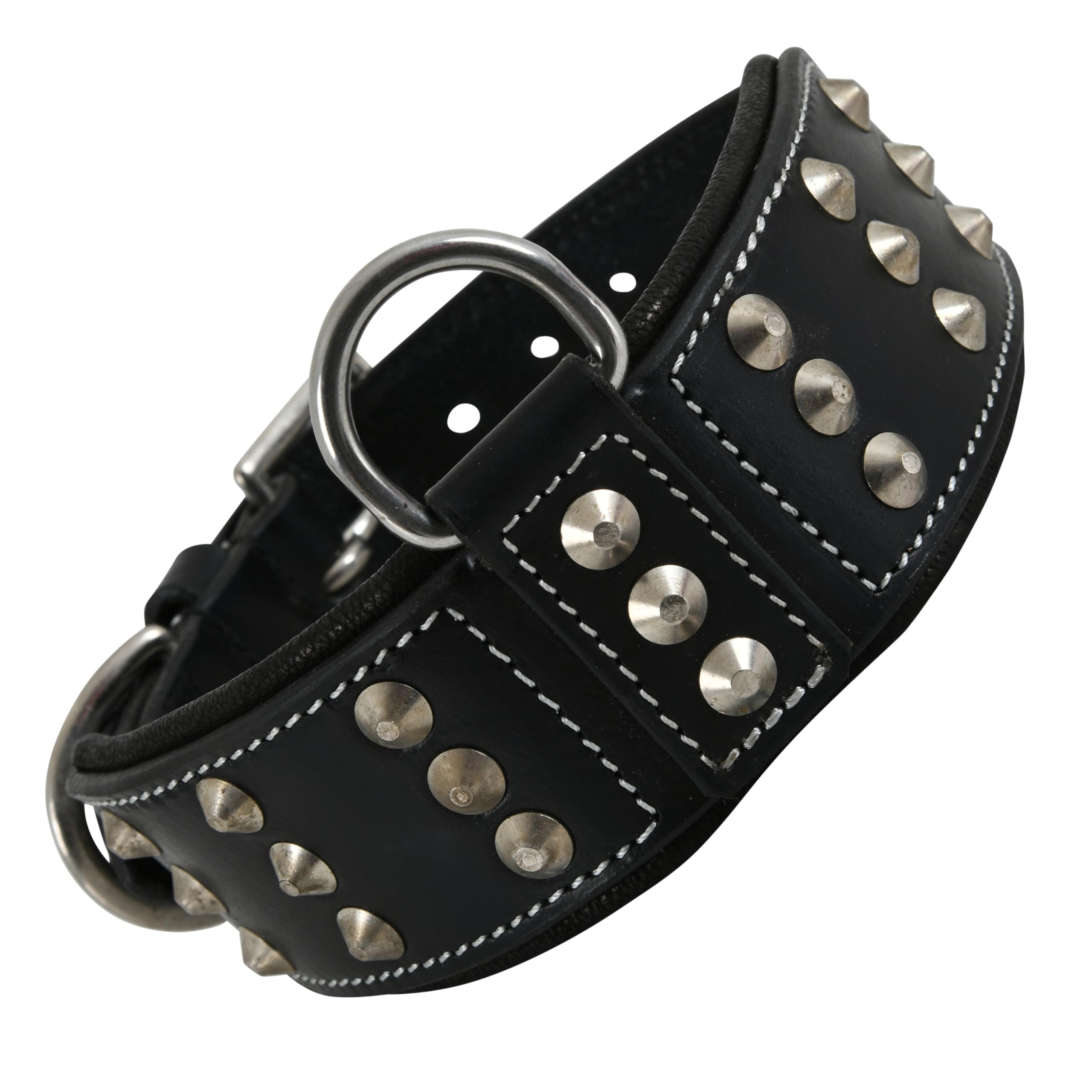 DowgClub | Genuine Leather Dog Collar |Riveted Studs | Saddle Grade, Full Grain, Heavy Duty | Comfortable, Padded, Strong, Best for Medium, Large, XL Breed (M (Fit Neck Size 14.5"-18.5"), Black)