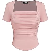CIDER Going Out Tops Square Neck Ruched Short Sleeve Slim Fit Tee Shirt Basic Casual Tops for Women