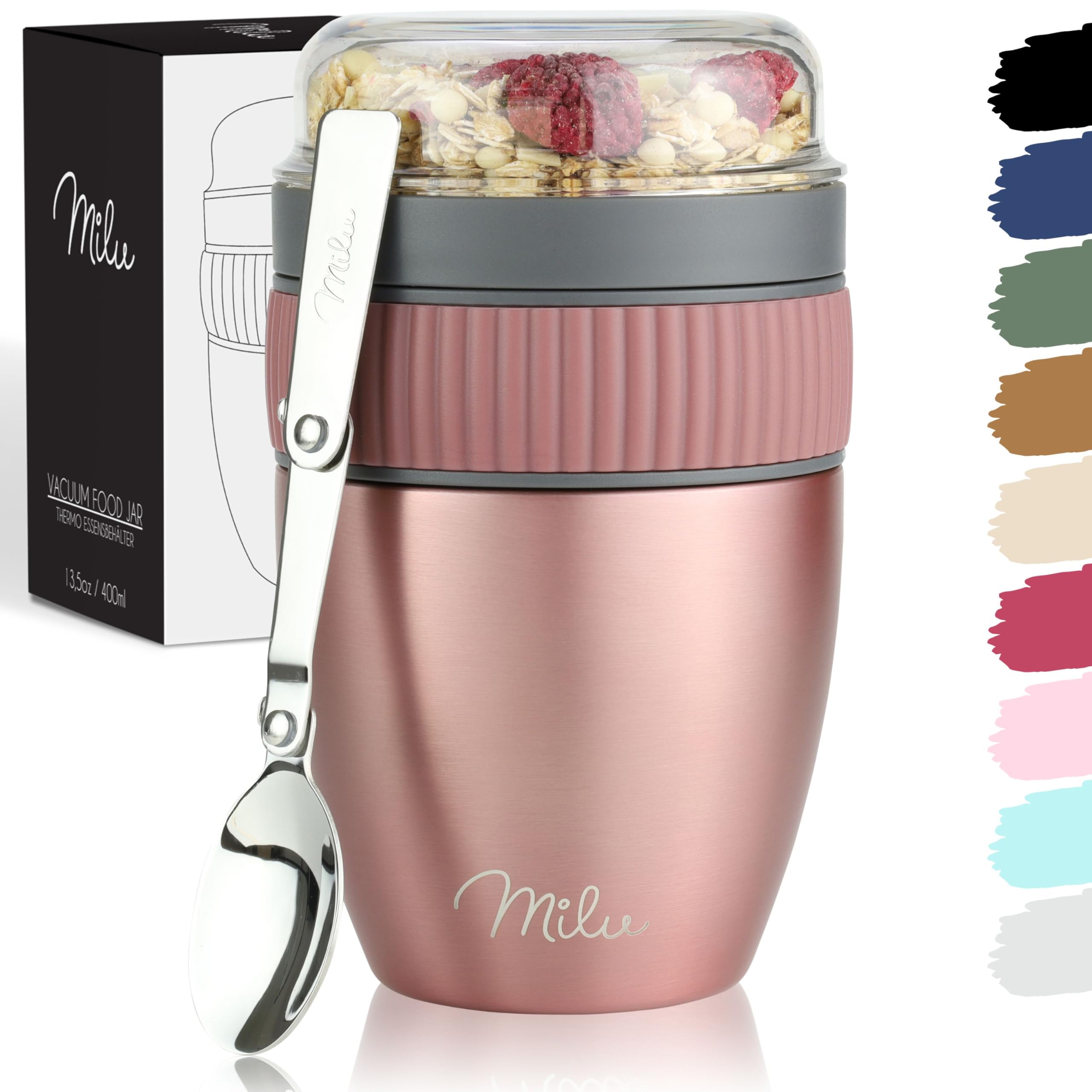 Milu Cereal Cup to go 400ml I insulated yoghurt cup for muesli I leak-proof cup with spoon for yoghurt/porridge (Rose Gold)