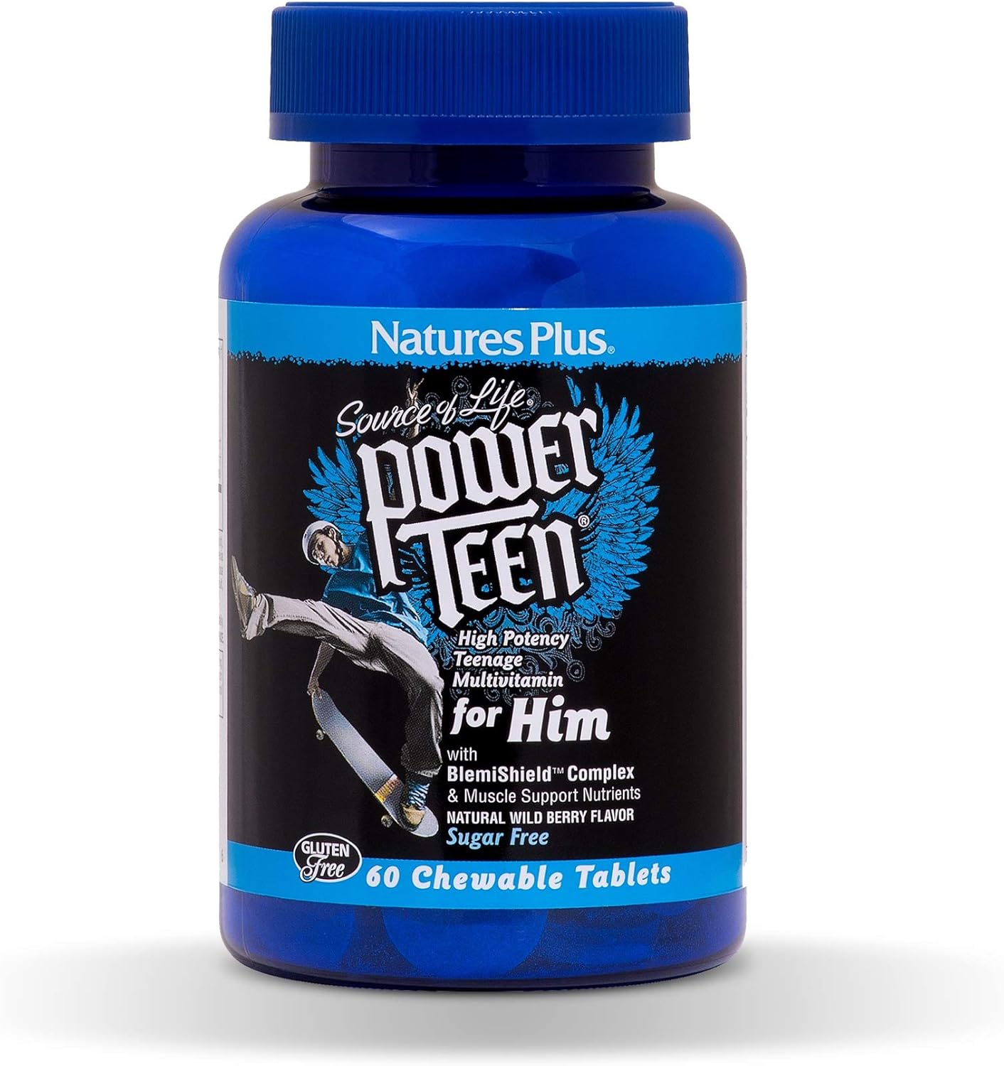 NaturesPlus Power Teen for Him, Tasty Plant Based Chewable Multi Vitamins and Minerals for Teen Boys, Vegan, Gluten Free