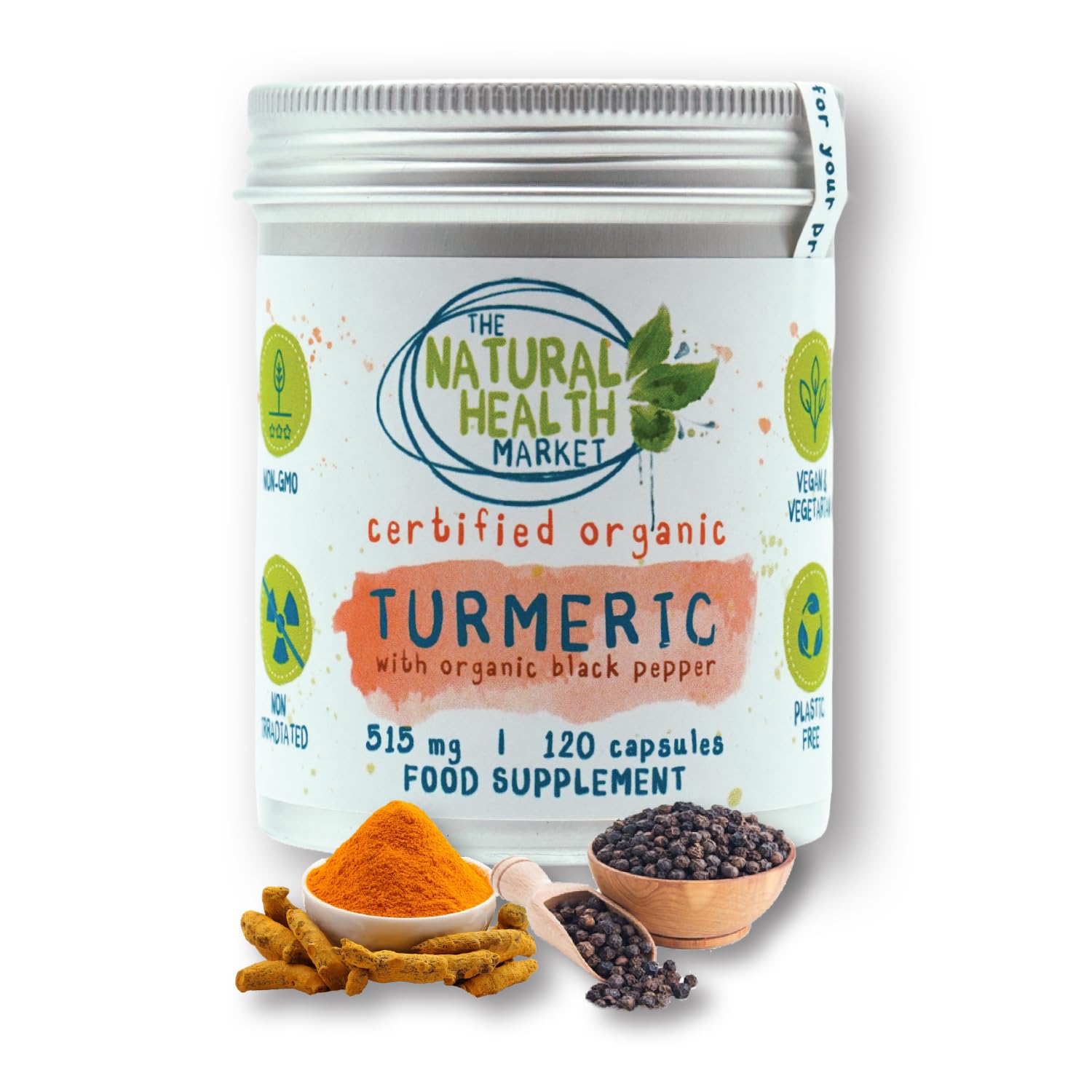 The Natural Health Market Organic Turmeric Curcumin and Black Pepper Capsules 515mg | Vegan Herbal | High Absorption Joint Support Supplement | 120 Capsules | UK Made