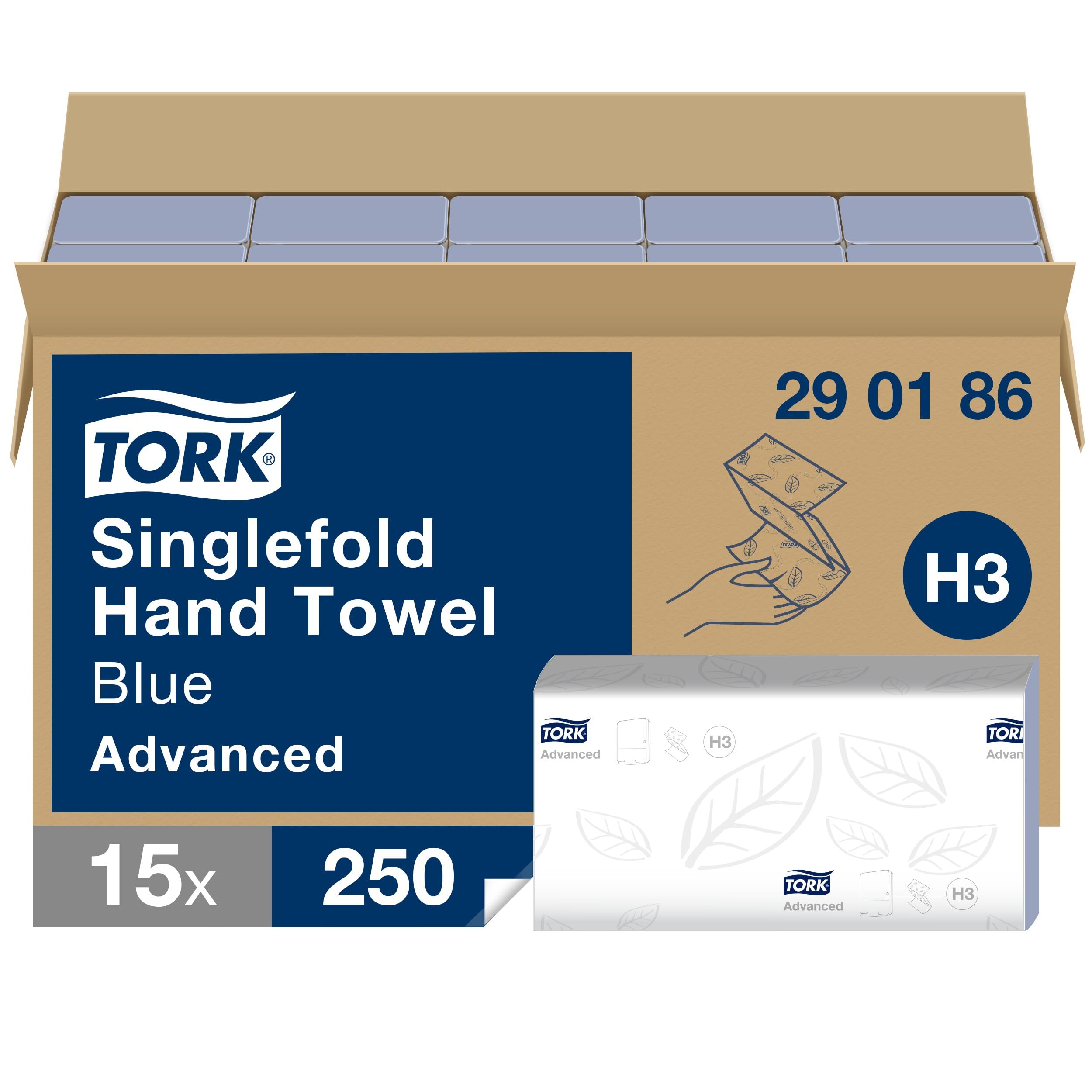 Tork Singlefold Hand Towels Blue H3, Advanced, Embossed, 15 x 250 Sheets, 290186