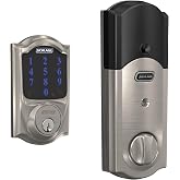 Schlage Connect Smart Deadbolt Lock with Camelot Trim, Satin Nickel | Keyless entry door lock, Touchscreen keypad deadbolt, Z-Wave Plus smart lock, Ring alarm compatible, Easy install, BE469