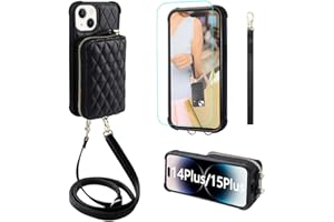 MONASAY Zipper Wallet Case Compatible for iPhone 15 Plus/14 Plus,6.7in[Screen Protector][RFID Blocking] Flip Leather Handbag Phone Cover with Card Holder&Detachable Crossbody Lanyard Strap, Black