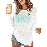 COZYEASE Women's Beach Cover Up Letter Print Long Sleeve Sweater Crew Neck Split Hem Crochet Jumper Top