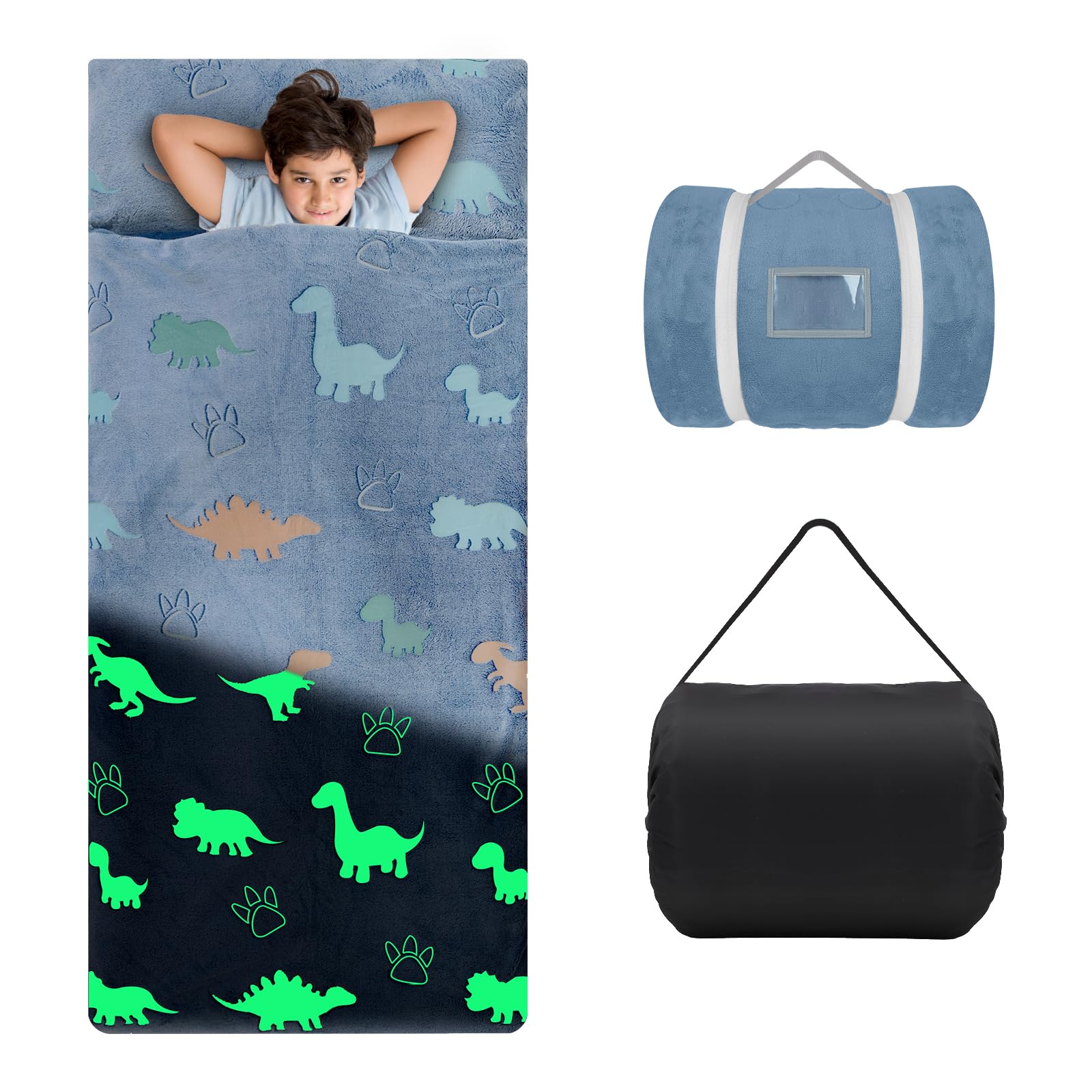 Kids Sleeping Bag with Pillow,Glow in The Dark Nap Mat for Toddlers Boys Girls,Large & Comfy Plush Slumber Bag for Sleepovers Camping Travel,Dinosaur Blue
