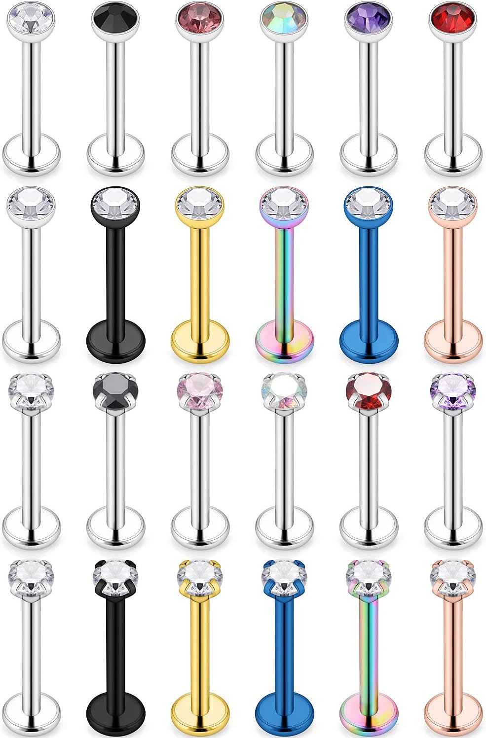 Cisyozi16G Lip Labret Rings Studs 6mm 8mm 10mm Bar Length 2mm 3mm 4mm Cubic Zirconia Stainless Steel Internally Threaded Tragus Cartilage Helix Earrings Lip Labret Monroe Piercing Jewelry for Women