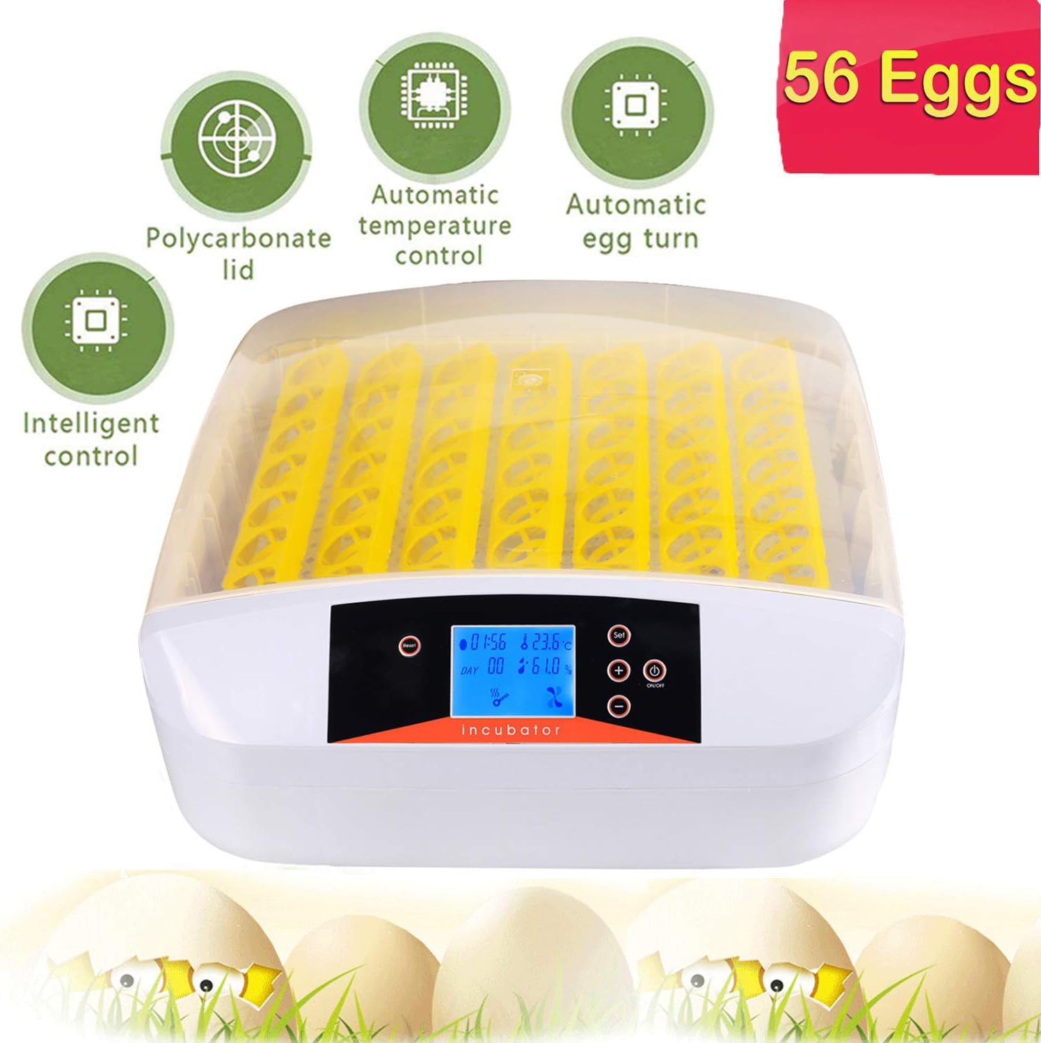 OppsDecor 56 Egg Incubator with Automatic Egg Turning Digital Clear Hatching Chickens Duck Birds Eggs Thermometer Temperature Control 90W (56 Egg)