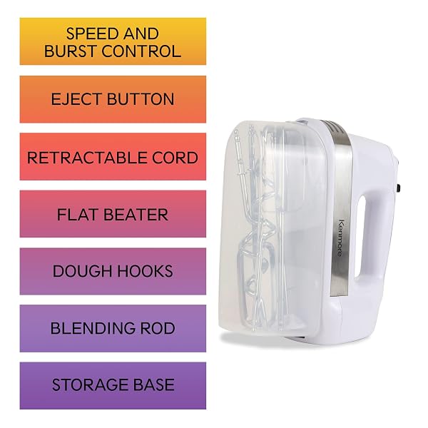 KENMORE 5-SPEED HAND MIXER/BLENDER, 250 WATTS, WITH BEATERS, DOUGH HOOKS, LIQUID BLENDING ROD, AUTOMATIC CORD RETRACT, BURST CONTROL, AND CLIP-ON ACCESSORY STORAGE