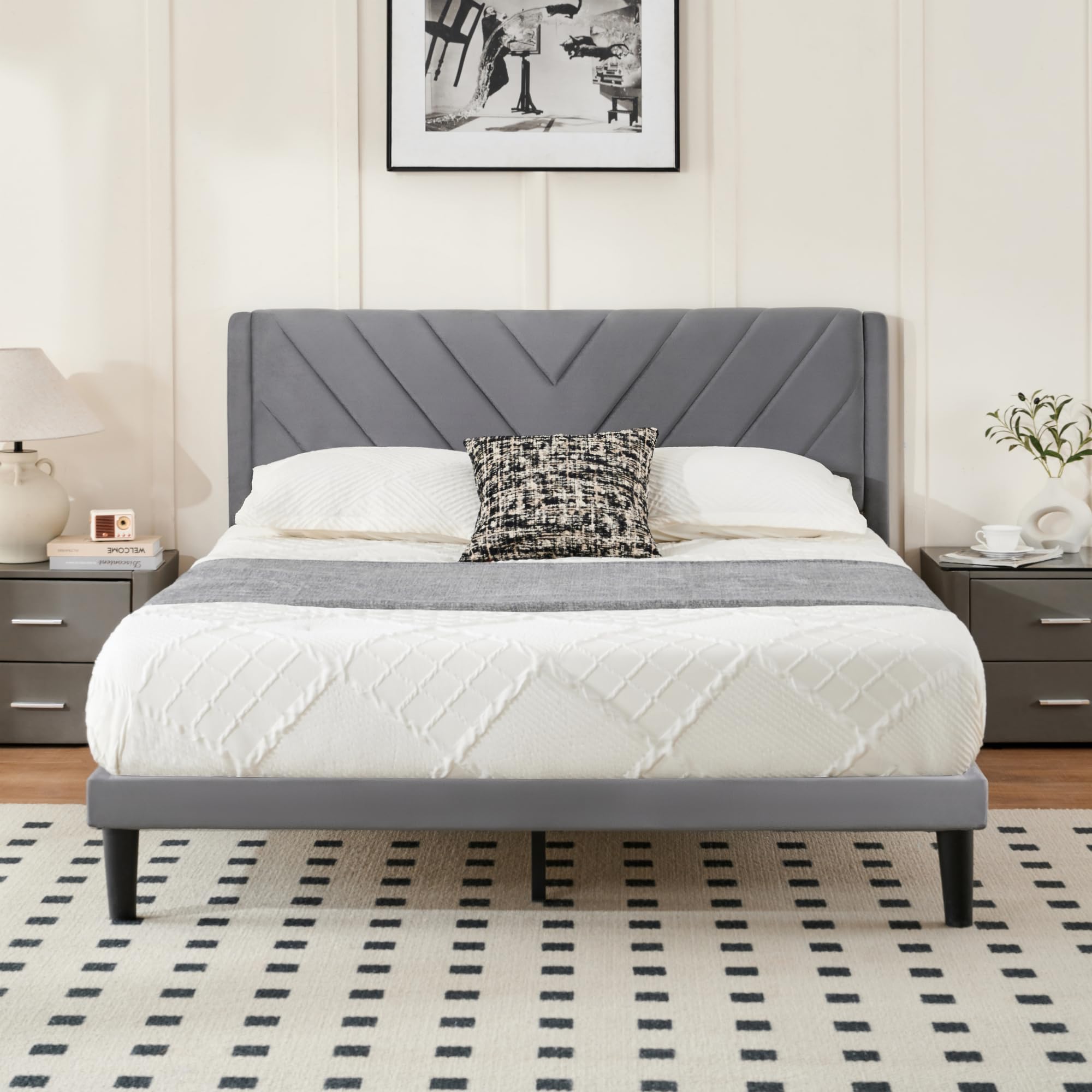 Photo 1 of Queen Bed Frame with Headboard, Bed Frame Queen Size with Sturdy Wooden Slats Support, Platform Bed Frame with Velvet Upholstered Headboard, Mattress Foundation, Easy Assembly, No Box Spring Needed