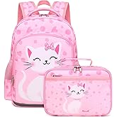 DSIUE Kids School Backpack for Girls 4-6 Kindergarten Bookbag Cat Schoolbag with Lunch Box Set for Preschool Elementary