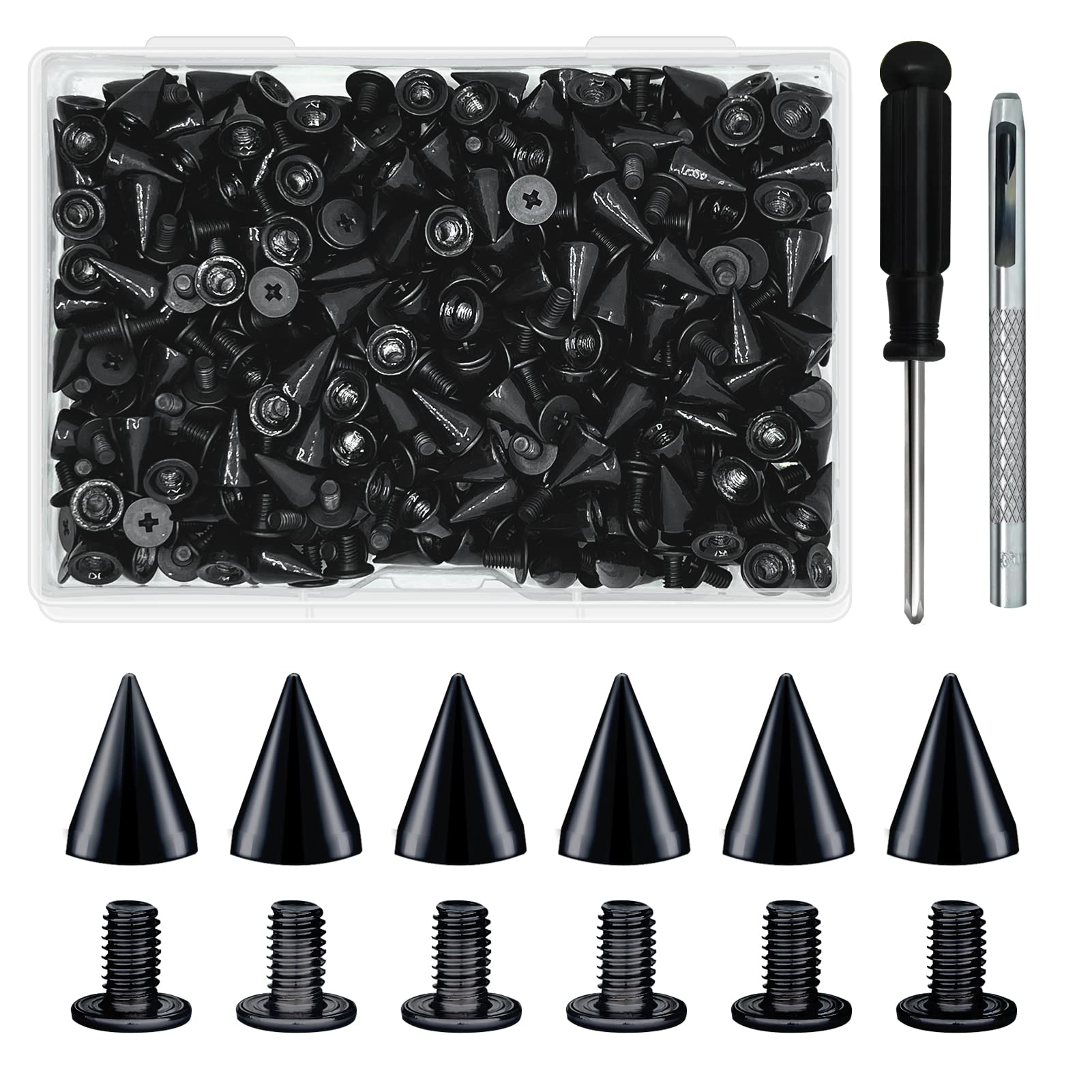 200 Sets 9.5mm Cone Spikes Metal Tree Spikes Screwback Studs for DIY Leathercraft Decoration Punk Rock Style Clothing Accessories (Black)