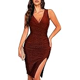 oten 2025 Women's Sexy V Neck Sleeveless Faux Wrap Sheath Side Slit Ruched Bodycon Cocktail Party Dress