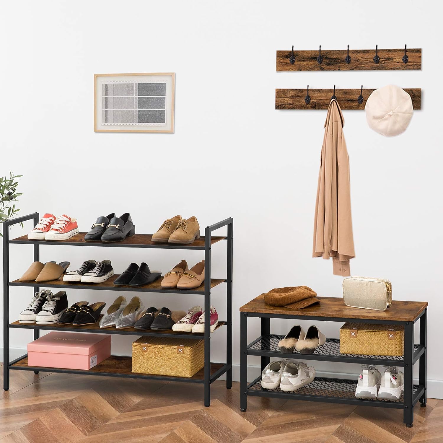 HOOBRO Shoe Rack with Coat Rack Hanger, Hall Tree, Coat Stand Bench Set including 9 Hooks and Shelf, Multifunctional - Image 5