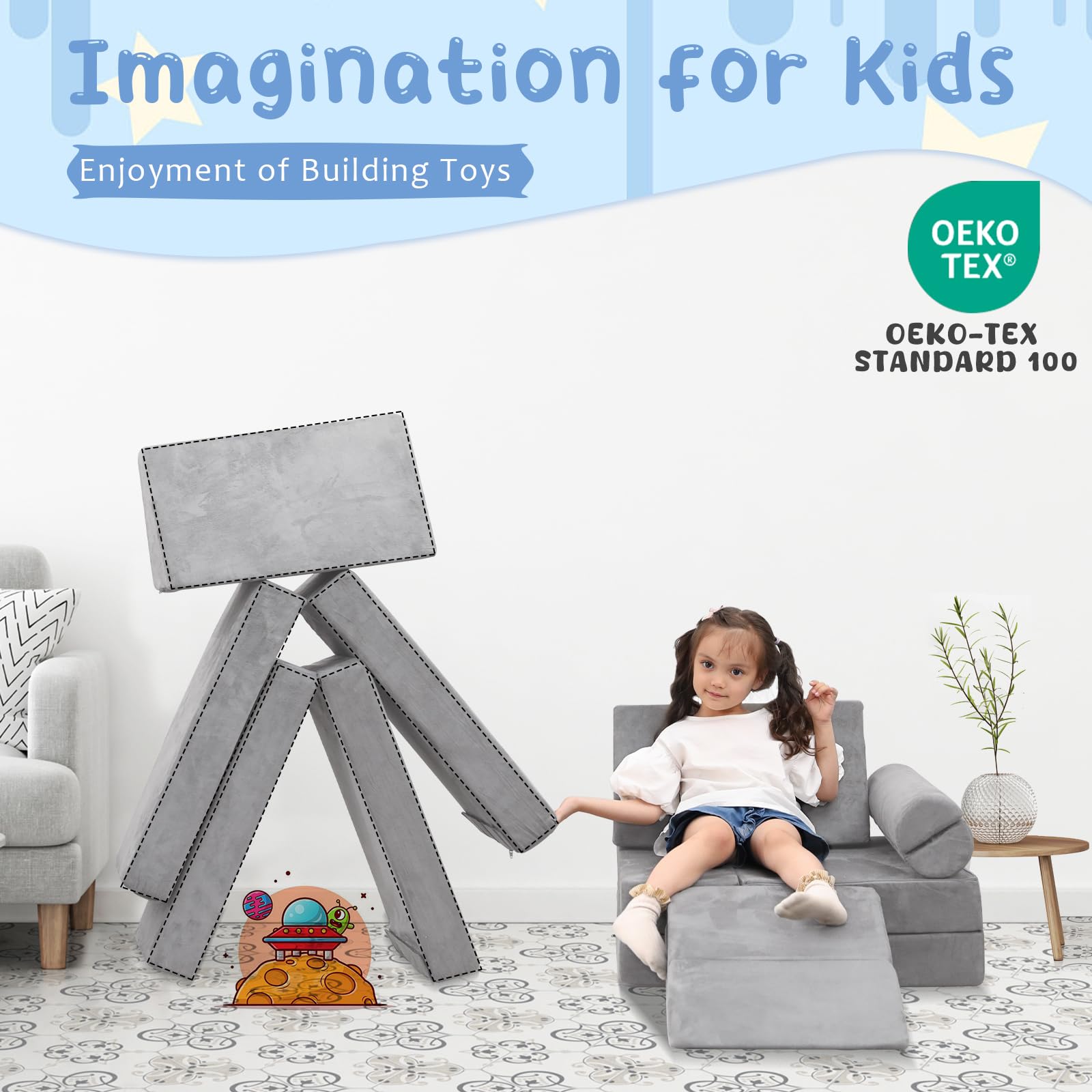 MOOZHEALTH Kids Play Couch- Modular Playset Foam Climbing Blocks for Toddlers Children with Square Ball Pit,Convertible Foam Couch Sofa Indoor Furniture for Playroom, Bedroom(Gray)