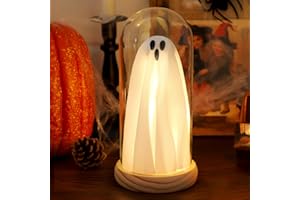 ODEWHINE Halloween Ghost Decor Light – Light Up Ghost in Glass Cloche with Wood Base, Cute Indoor Halloween Decoration for Table, Shelf, Fireplace – Spooky Room Decor (1 Pack)
