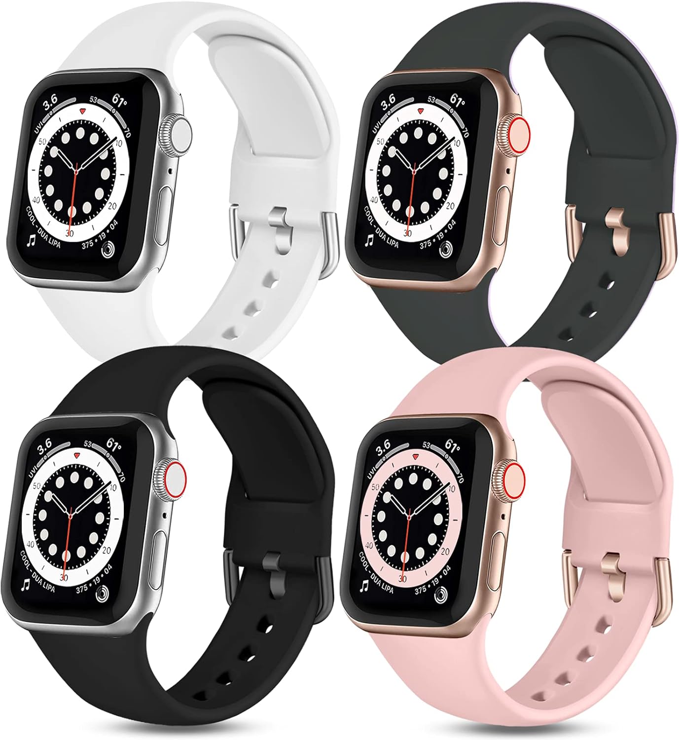 Witzon Compatible with Apple Watch Band 40mm 38mm iWatch Series 6 5 4 3 2 1 SE for Women Girls Ladies, 4 Pack Cute Soft Silicone Replacement Sport Bands, Black/White/Deep Grey/Pinksand
