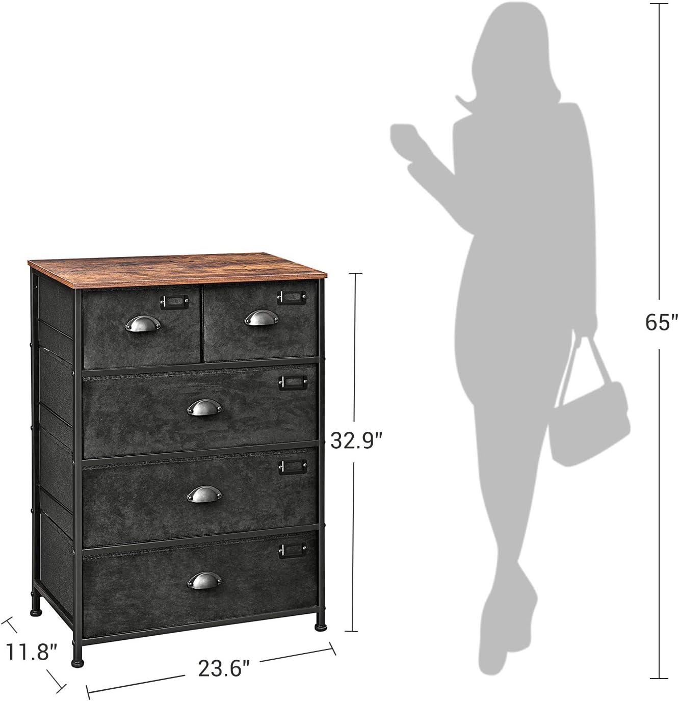 SONGMICS Fabric Drawer Dresser, Storage Dresser Tower with 5 Drawers, Labels, Wooden Top, Industrial Style Closet Storage, for Living Room, Hallway, Nursery, Rustic Brown and Black ULVT45H: Home Improvement