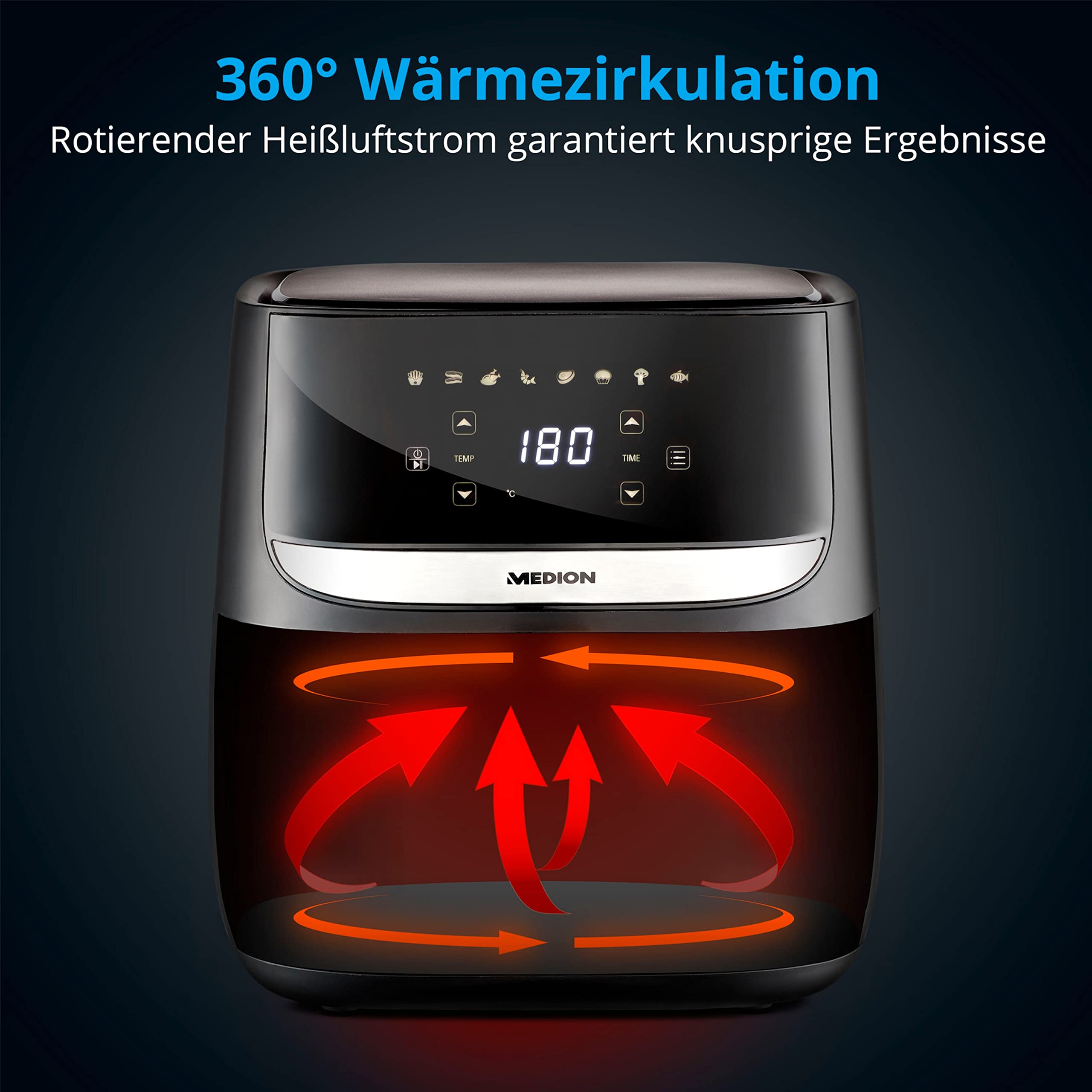 MEDION E50 XL Heißluftfritteuse (5,7 Liter, Airfryer, ca. 1700 Watt, Digitales Bedienfeld, 8 Automatikprogramme, ölfreies Frittieren, 30 Min Timer, Überhitzungsschutz, MD10532) 2
