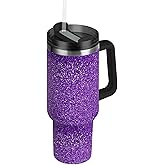 Selerdon 40 oz Tumbler Glitter Purples with Handle and Straw Lid Vacuum Stainless Steel Insulated Water Bottle Travel Mug Car Cup Holder Friendly for Gym Travel Office