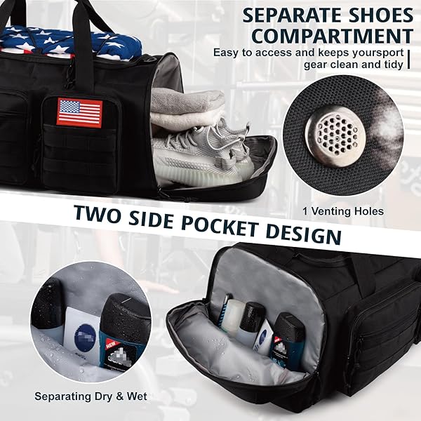 TACTICAL GYM BAG FOR MEN,50L LARGE 3 IN 1 SPORTS DUFFLE BAG WITH SHOES COMPARTMENT FOR TRAVEL,WATER RESISTANT TRAVEL BACKPACK WEEKENDER OVERNIGHT BAG WITH WET POCKET FOR WOMEN