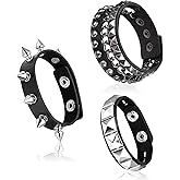 JIYIN 3 Pcs Punk Rock Leather Bracelets, Punk Rock Studded Bracelet Spiked Leather Cuff Bracelet for Men Women 80s Wristband Adjustable Wrap Wrist Cuffs for Halloween Party Favors