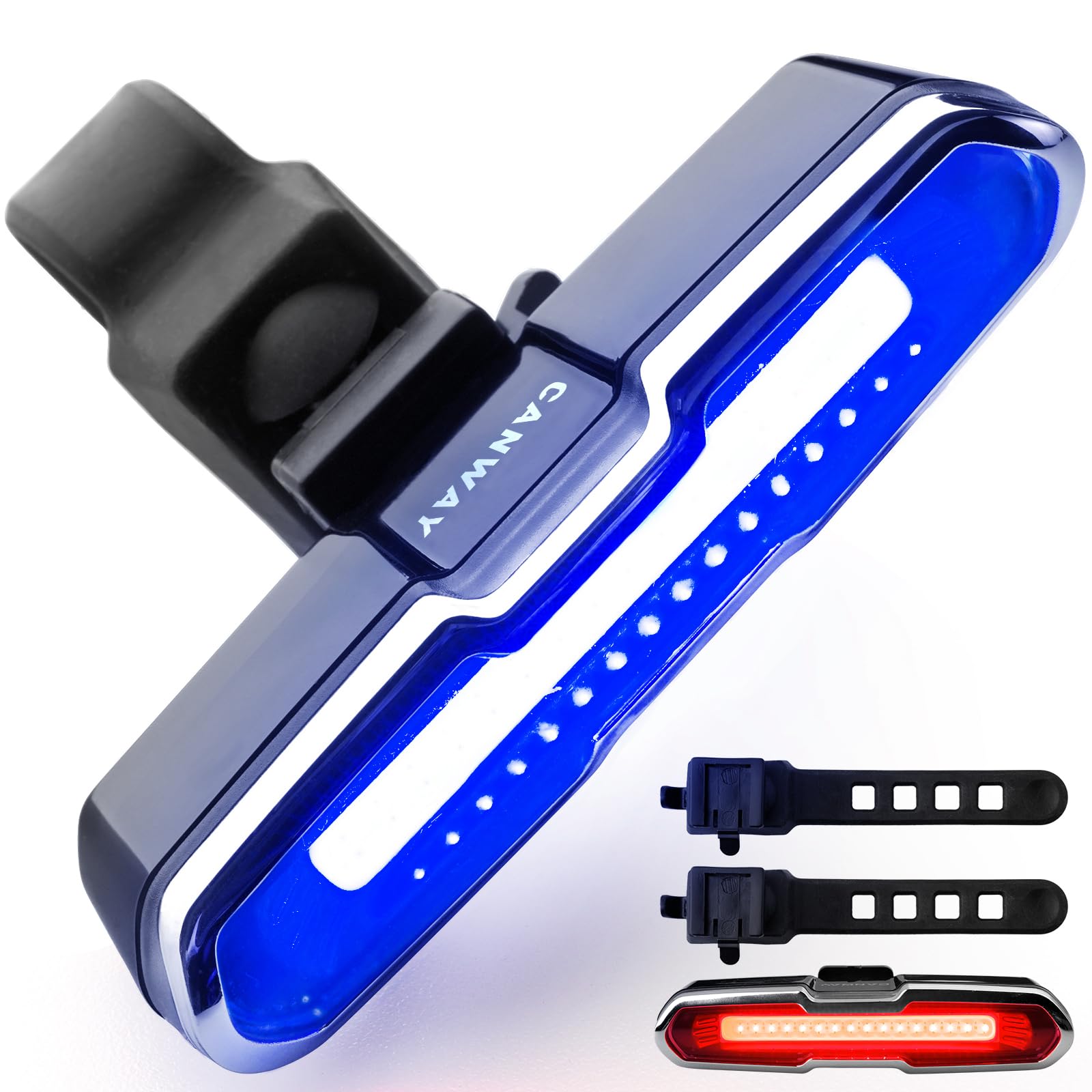 Photo 1 of CANWAY Bicycle Rear Light Red Blue, Bike Tail Light Rechargeable 168 Lumens Bike Tail Light Battery USB C 500 mah Turn Signals 5 Modes Waterproof Safety for Road Mountain Night Riding