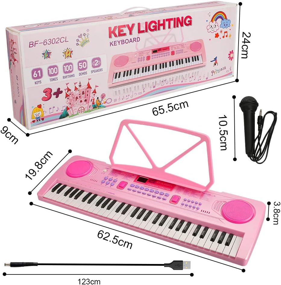 Kids Piano Keyboard, 61 Keys Multi-Function Electronic Kids Pink Piano ...