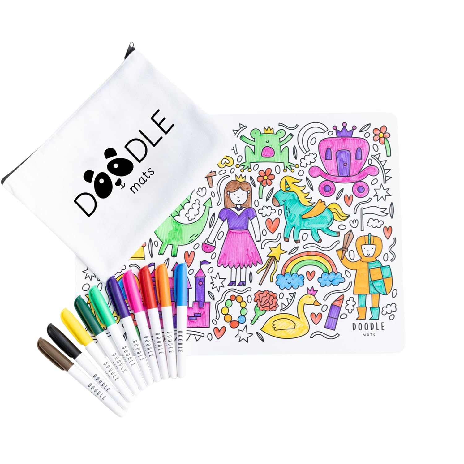 Doodle Mats Reusable Princess Fairytale Colouring Mat for Kids | Magical Castle Play Mat with 10 Washable Pens & Carry Case | Mess Free Travel Toy, Eco Friendly, Reusable Learning Gift | A3 Size