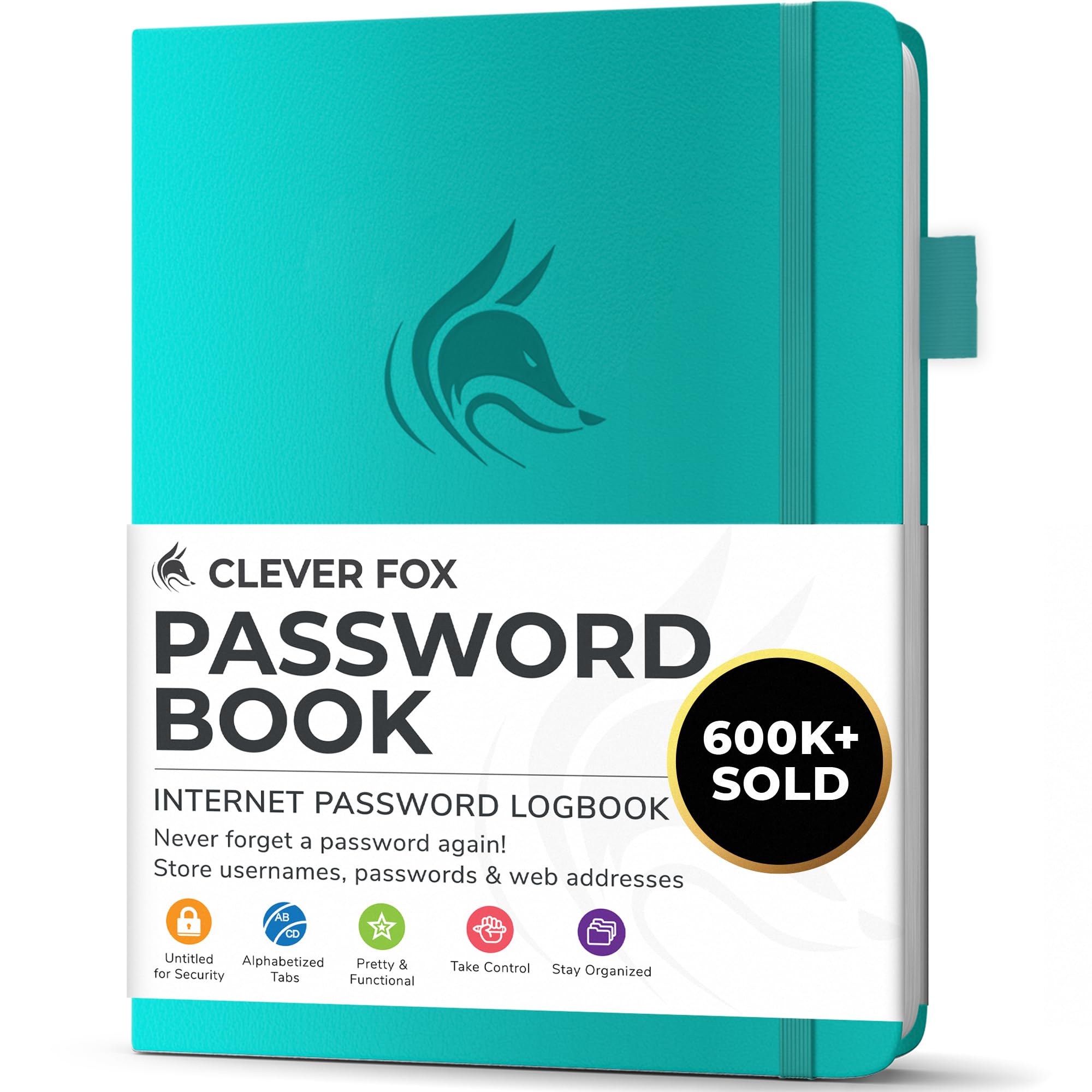 Clever Fox Password Book with alphabetical tabs. Internet Address Organizer Logbook. Small Pocket Password Keeper for Website Logins (Turquoise)
