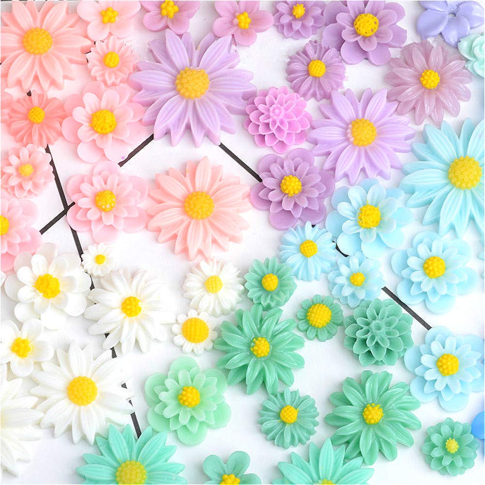 44 Pack Flower Resin Charms Daisy Peony Plastic Flatback Loose Beads for Jewellery Making Scrapbooking Phone Case Decor Hair Accessories Fairy Garden Decor (Random)