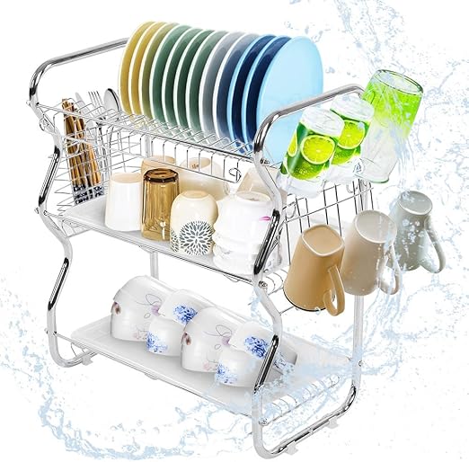 Home Kitchen Dish Drainer Rack 3 Tiers Chromed Metal Wire Stainless