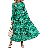 ZAFUL Womens Fall Floral Smocked Maxi Dress Long Puff Sleeve Bohemian Dresses Flowy Tiered Ruffle Wedding Guest Dress