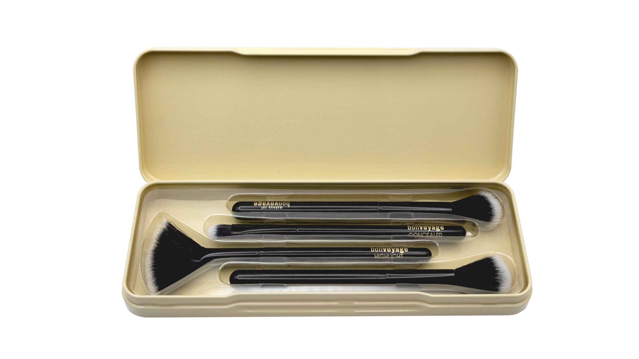 bonvoyage Essentials, Professional Makeup Brushes, 4-Piece Set featuring Contour, Highlighter, Powder and Concealer Brush, Soft Bristles for Smooth Make Up Application, Blending Is My Cardio