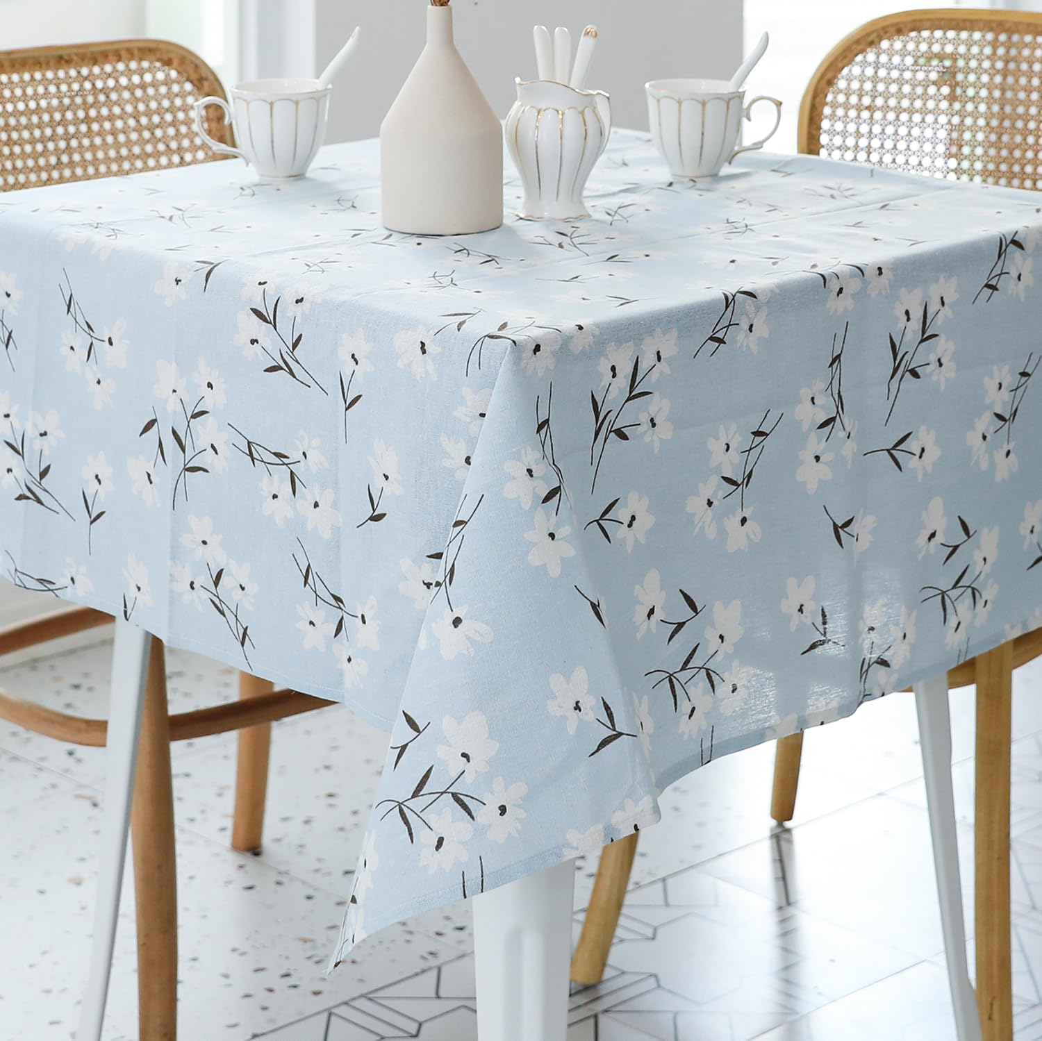 Pastoral Square Tablecloth - 52 x 52 Inch - Linen Fabric Table Cloth - Washable Table Cover with Dust-Proof Wrinkle Resistant for Restaurant, Picnic, Indoor and Outdoor Dining, Floral (Light Blue)