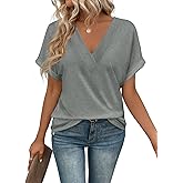 EyMuse Women Tops Short Sleeve V Neck Tees Fashion T Shirts Loose Fit Comfy Soft Casual Summer Blouses 2025 Grey,XL