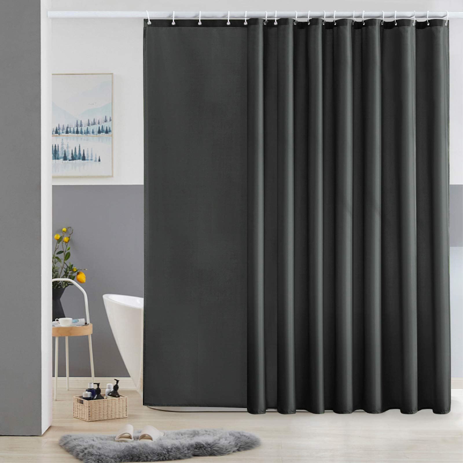 Furlinic Extra Wide Shower Curtain Fabric Washable Mould Proof Waterproof for Bathroom Bath Curtains Sets With 18 PCS Plastic Hooks Dark Grey 108 x 72 Inch 275 x 180cm.