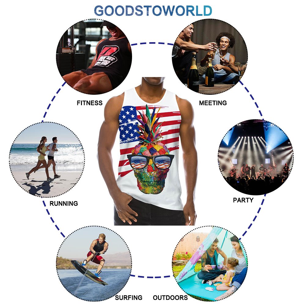 Goodstoworld Summer 3D Funny American Flag Digital Printed Sleeveless Tees Cool Tank Tops for Men