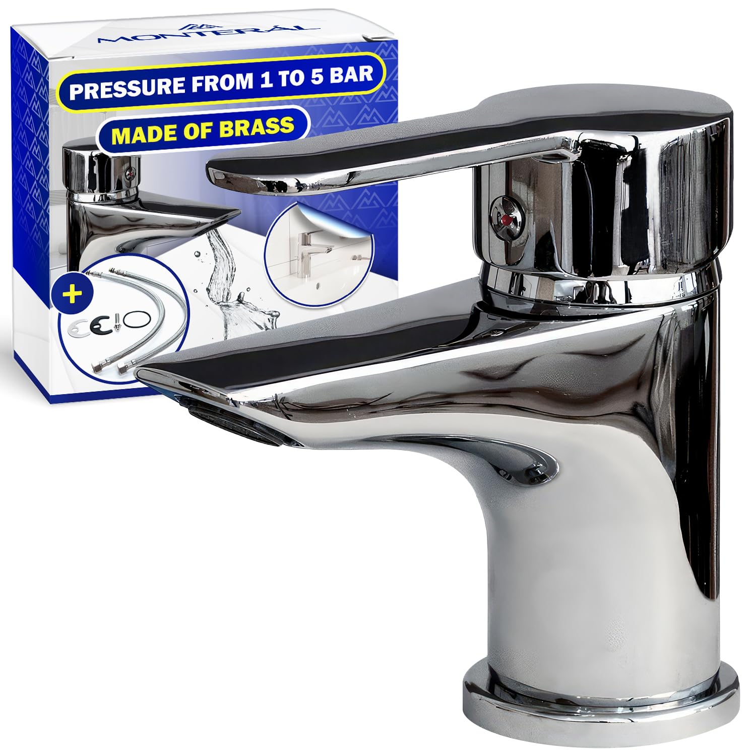 Basin Mixer Tap in Chromium Plated Brass with Ceramic Cartidge and Connections Set - Warranty 10 Years - MONTERAL