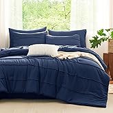CozyLux King Size Comforter Set Navy Blue, 7 Pieces Soft Pinch Pleat Bed in a Bag King Comforter Set with Sheets, Boho Bed Set with Down Alternative Comforter, Sheets, Pillowcases & Shams