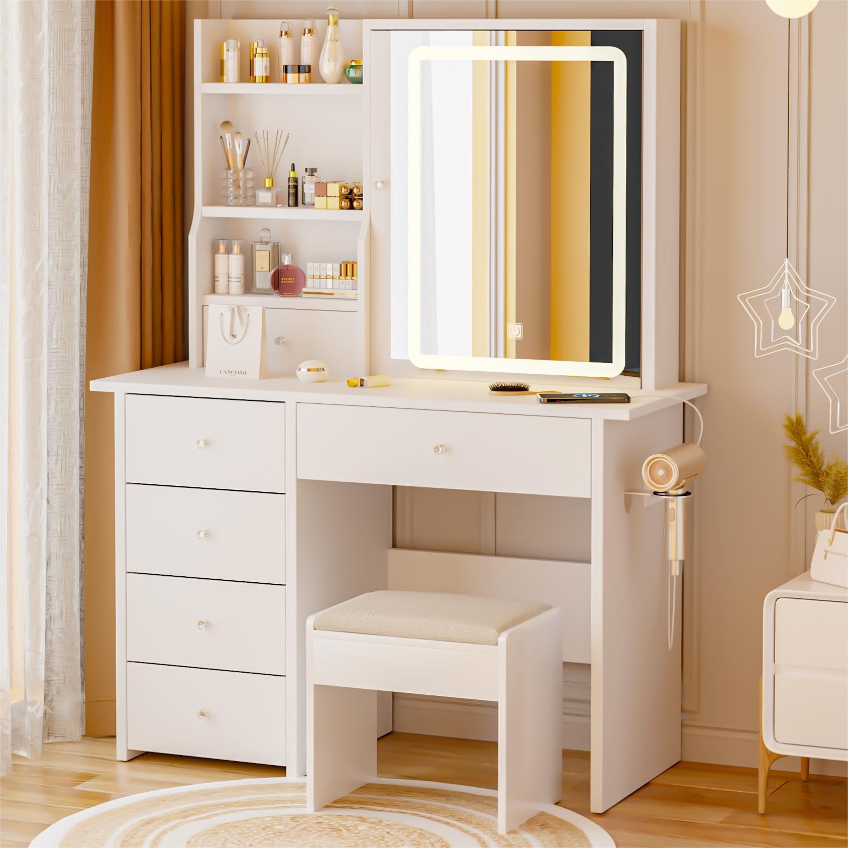Photo 1 of ** SIMILAR** ALEAVIC Vanity Desk with Mirror and LED Lights, Makeup Vanity Set with Power Outlet, and Stool,Jewelry Storage,White Vanity Desk for Bedroom
