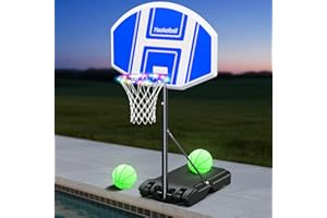 Haokelball Pool Basketball Hoop with Light for Poolside, Adjustable Height, Includes 2 Balls and Pump, Outdoor Family Fun Swimming Pool Game for Kids and Adults