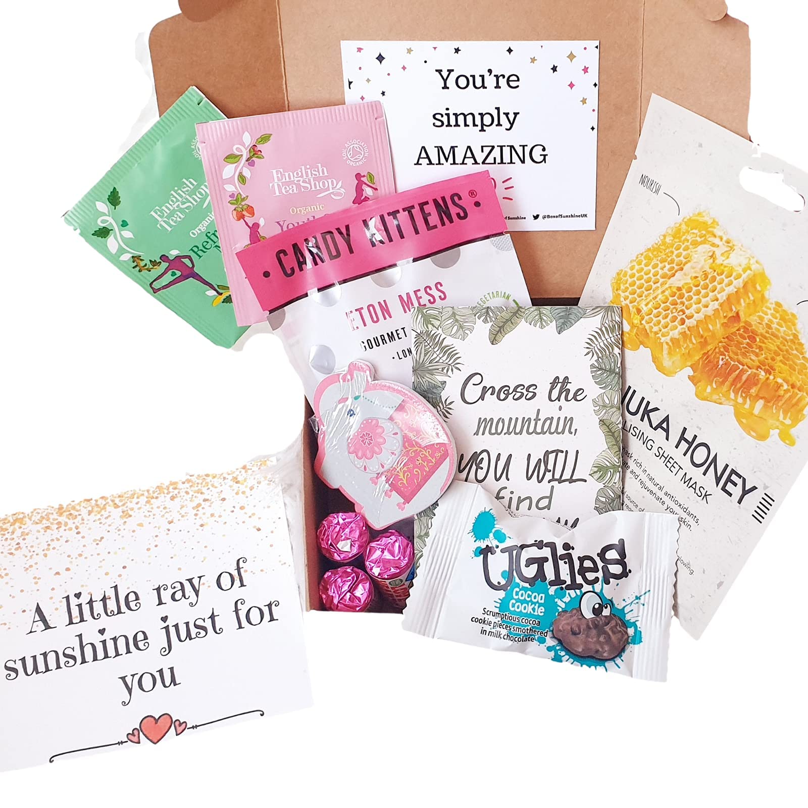 Little Box of Sunshine 10 Item Gift for Her, Hug in a Box - Care Package for Her - Tea, Face Mask & Nail File Pamper Box | Letterbox Gifts with Coffee, Notepad and Face Mask Gifts for Women (Pink)