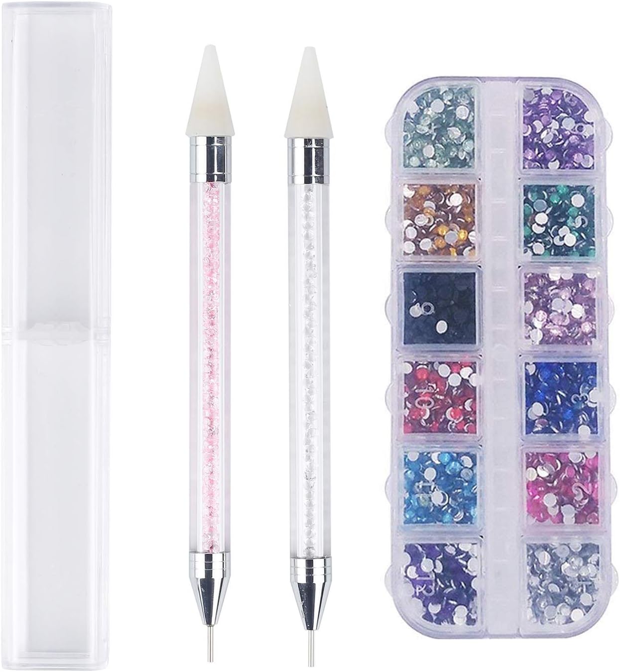 WBCBEC 2 Pieces Rhinestone Picker Dotting Pen Dual-ended Rhinestone Gems Crystals Studs Picker Wax Pencil Pen Crystal Beads Handle Manicure Nail Art DIY Decoration Tool with 2400 Pcs Rhinestones