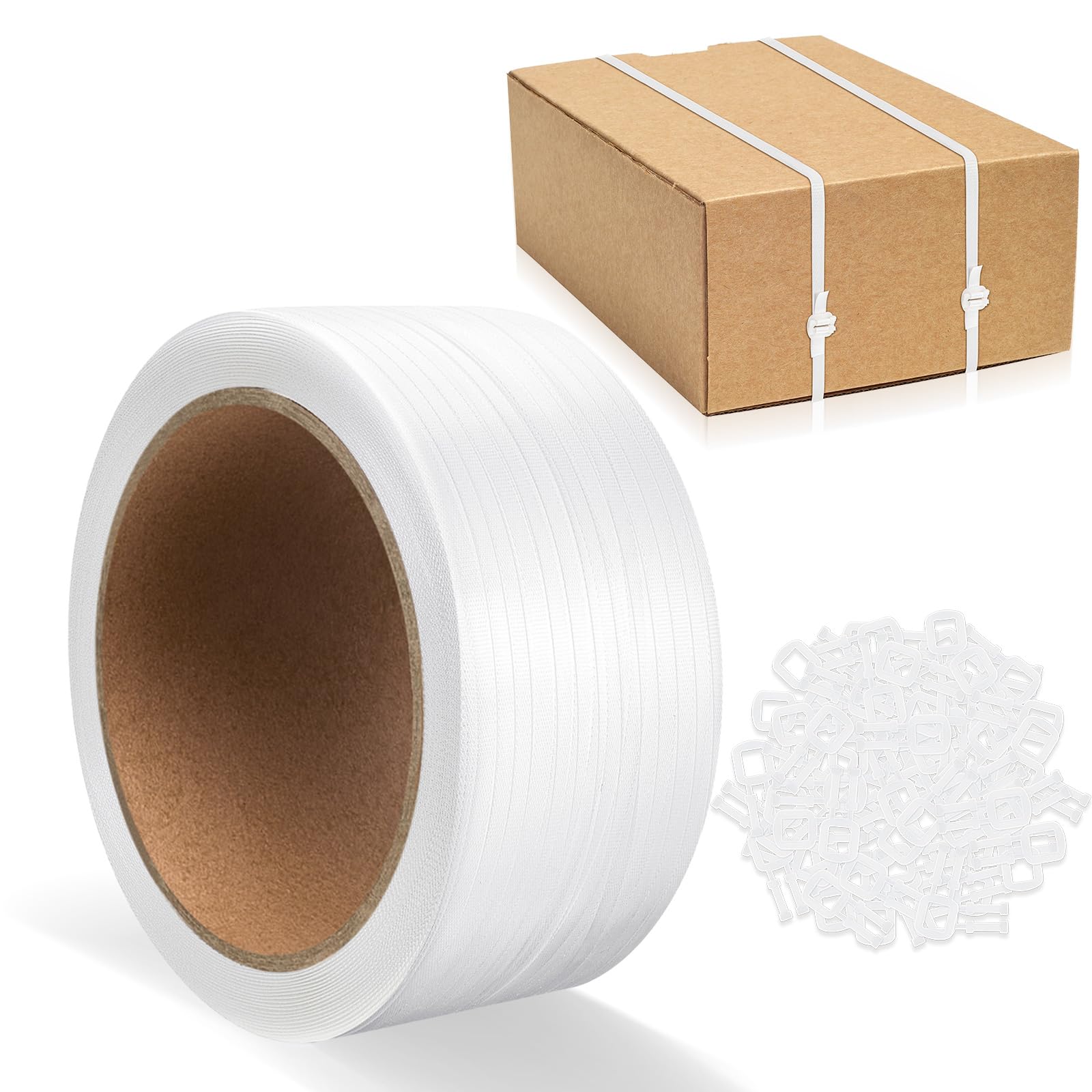 Photo 1 of Gilprop Banding Strapping, Pallet Strapping, Packaging Coil, 492' Length1/2 Width, Box Packing Tool Kit, Poly Plastic Packaging Tool and 100 Pcs Plastic Buckles(White)