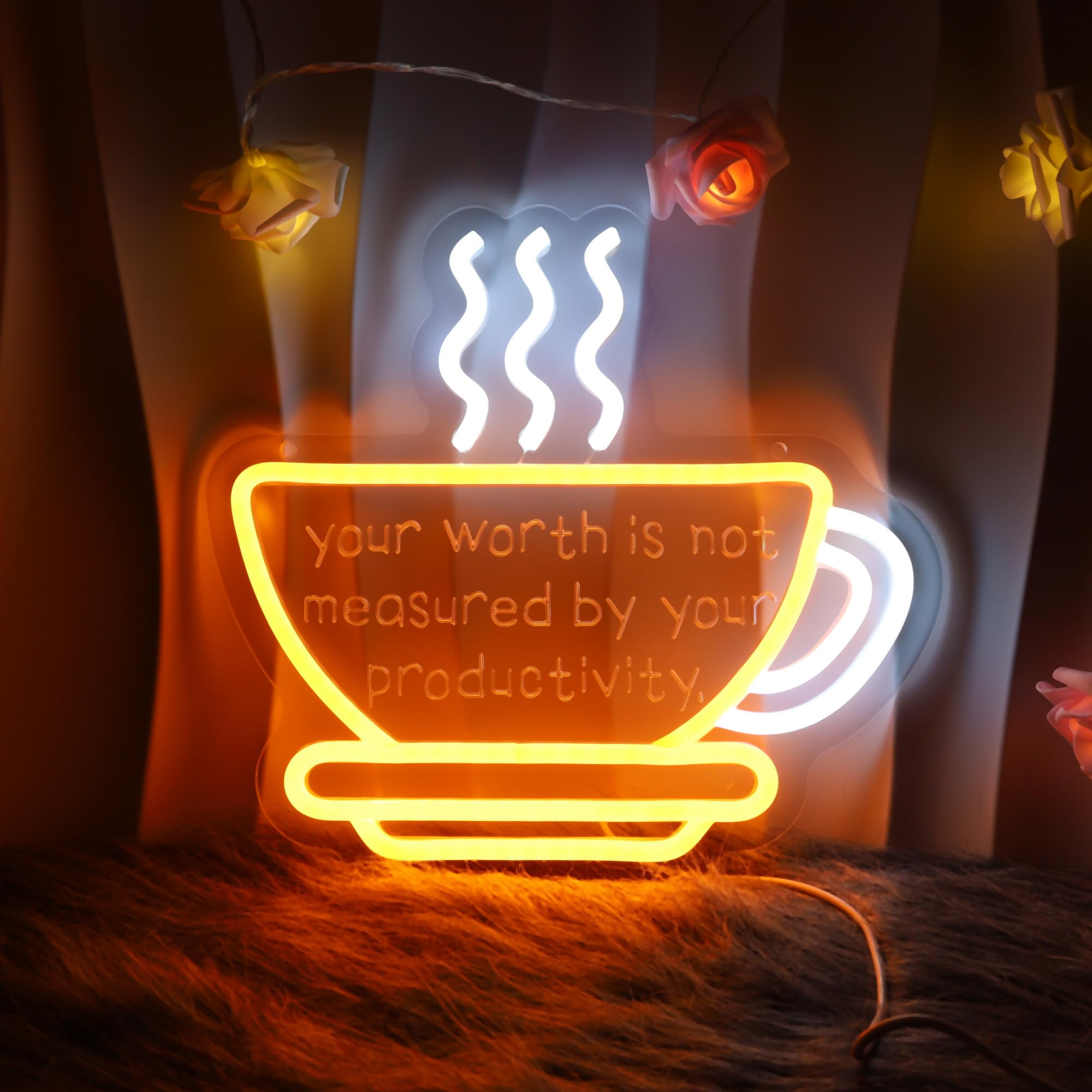 Photo 1 of "Your worth is not measured by productivity" Neon Sign - Wall Uplifting LED decoration for cafes, living rooms and coffee parties