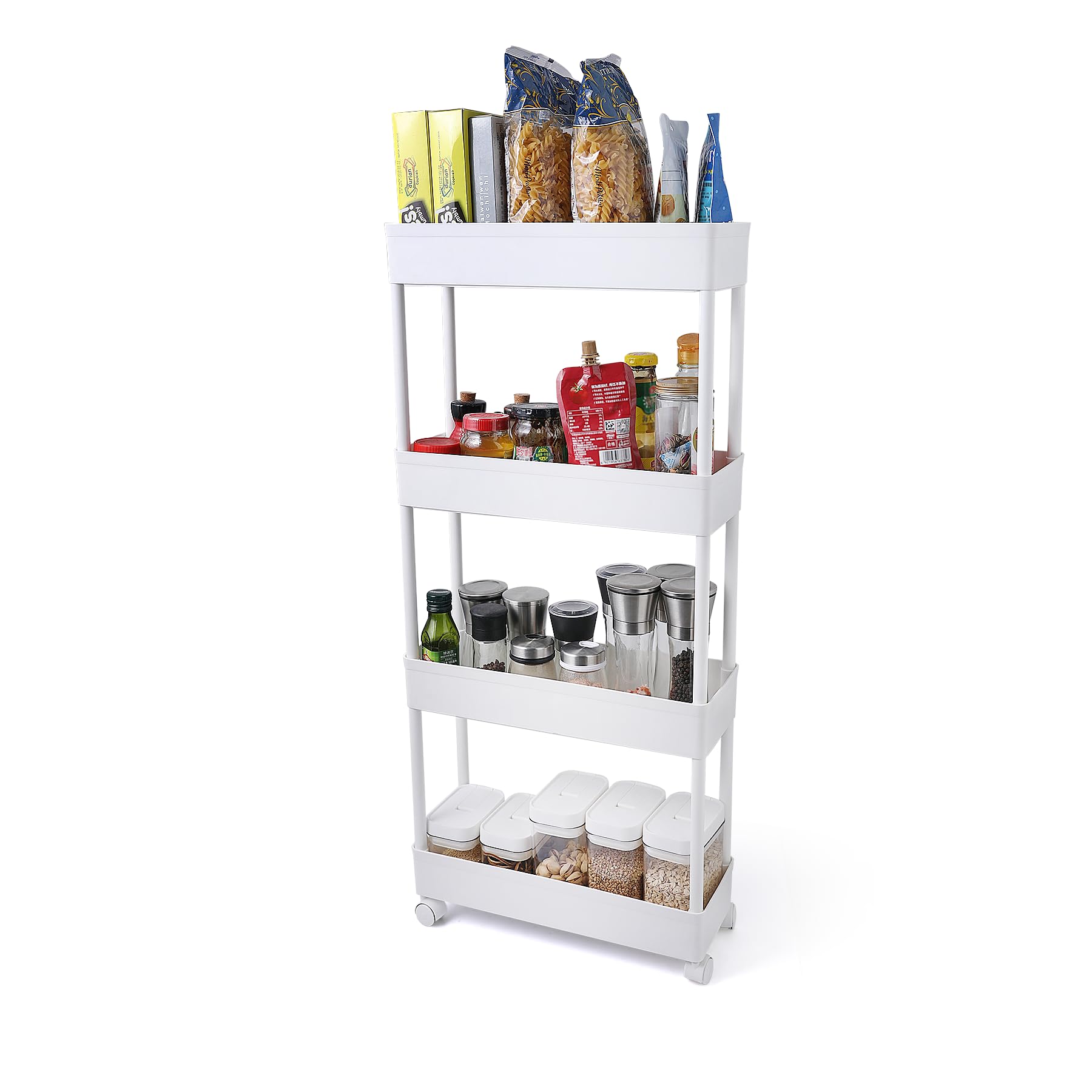 Photo 1 of Dinkich 4 Tier Slim Storage Cart, Kitchen Mobile Shelving Unit Organizer, Rolling Cart with Lockable Wheels, Utility Cart for Tight Spaces on Kitchen Office Apartments Dormitory Bathroom, White