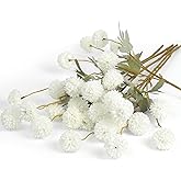 Lansdowns 6 PCS Lifelike Fake Silk Pompon Mums No-Water Maintenance for Home and DIY Wedding Bouquet Decoration,Real Touch Artificial Chrysanthemum Filling Vase(White)
