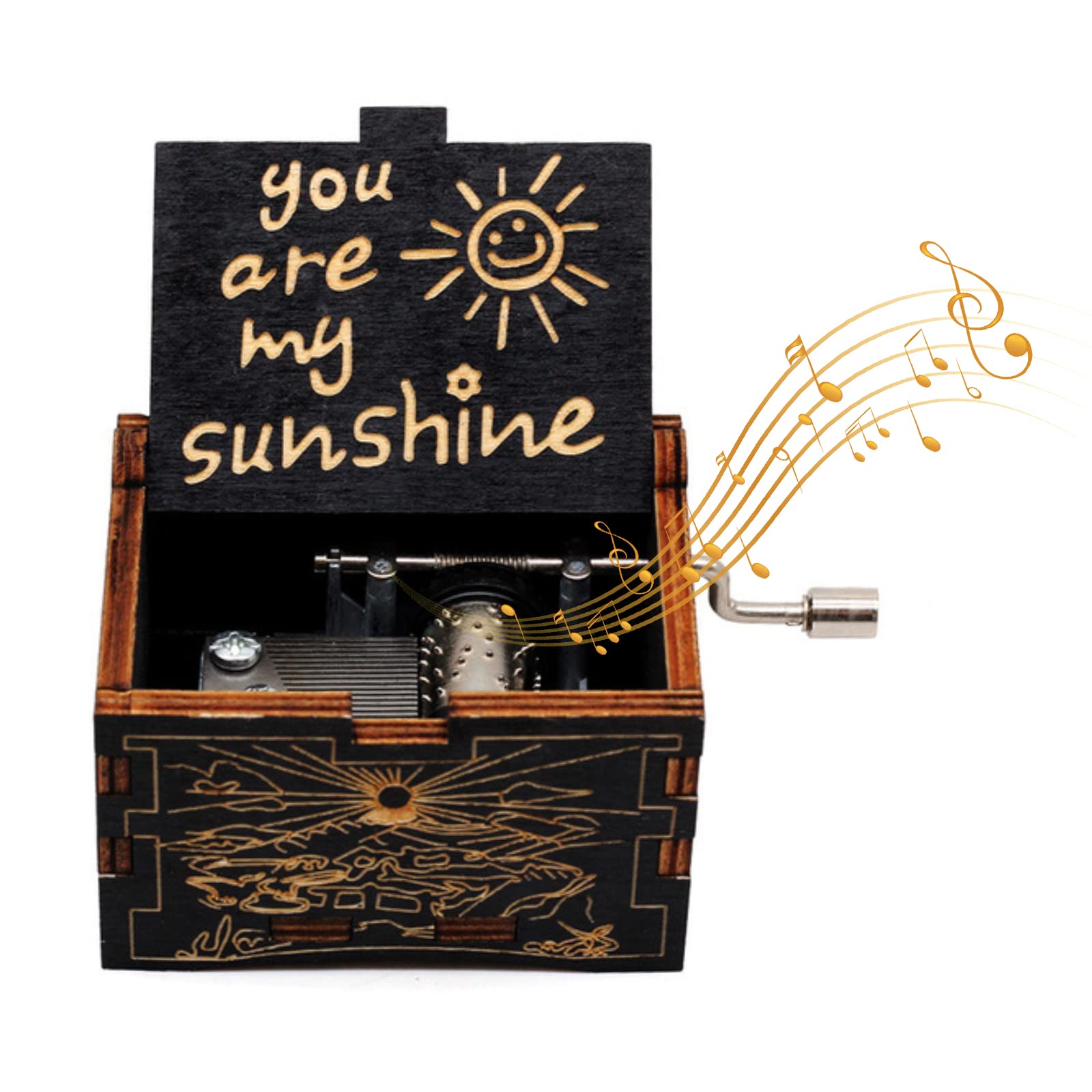 SacJkt Wooden Music Box - Hand Crank 'You Are My Sunshine' Theme. 18 Note Mechanism Antique Carved Musical Box, Personalised Gift For Birthday, Valentines Day, Christmas